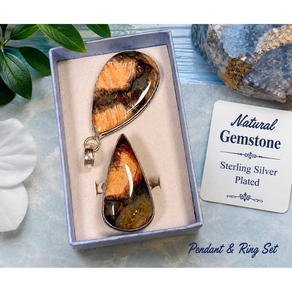 Artisan Red Jasper Natural Stone Ring and Pendant Set Silver Plated Teardrop